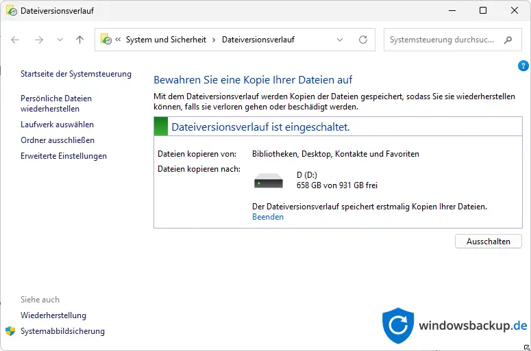 Dateiversionsverlauf aktivieren mit externer Festplatte