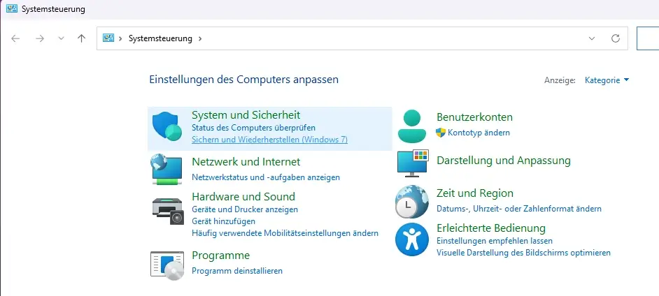 Fenster Sichern und Wiederherstellen mit linker Seitenleiste und Option Systemabbild erstellen