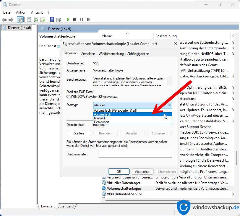 Windows Dienste Fensters mit markiertem Volumeschattenkopie Dienst und Einstellung Windows Dienste Fensters mit markiertem Volumeschattenkopie Dienst und Einstellung