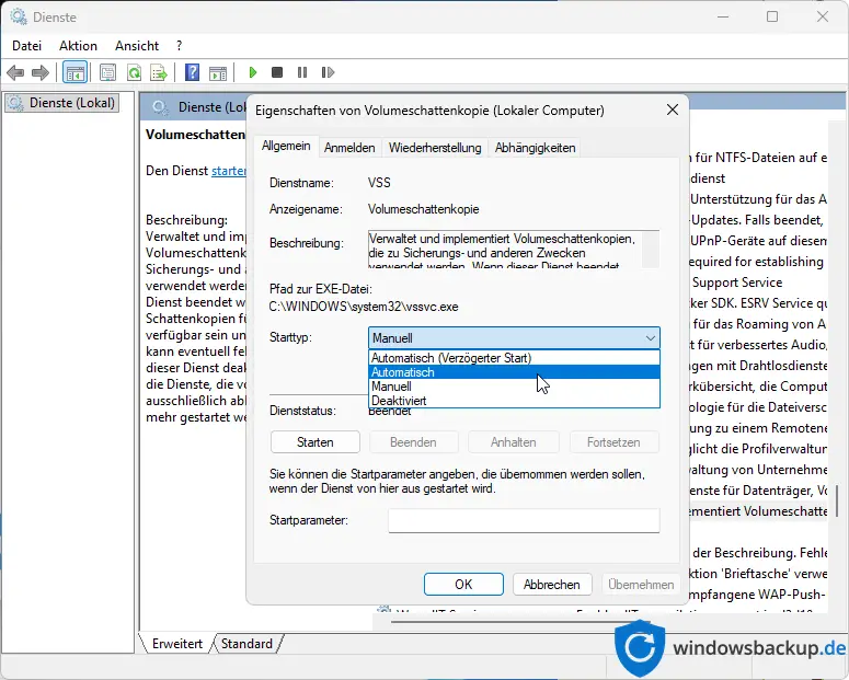 Windows Dienste Managers mit markiertem Volumeschattenkopie Dienst und Starttyp Automatisch Windows-Dienste-Managers mit markiertem Volumeschattenkopie-Dienst und Starttyp Automatisch