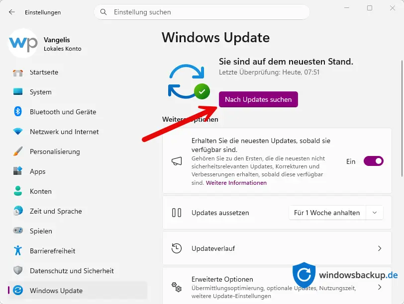 Windows Update auf den neuesten Stand bringen Windows Update mit verfügbaren Updates und dem Hinweis „Updates verfügbar"
