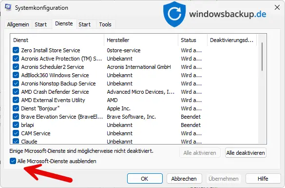 ystemkonfigurationsfensters msconfig mit dem Reiter Dienste und aktiviertem Haekchen Alle Microsoft Dienste ausblenden ystemkonfigurationsfensters msconfig mit dem Reiter Dienste und aktiviertem Haekchen Alle Microsoft Dienste ausblenden